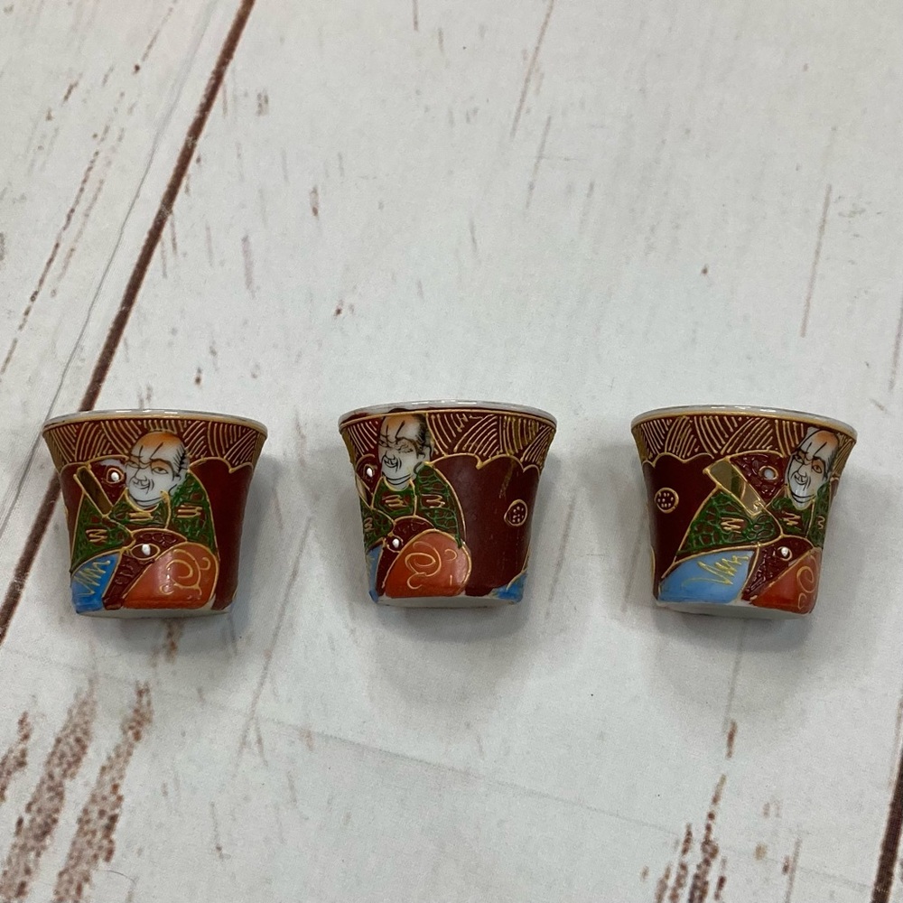 Vintage Satsuma Moriage Saki Cups Kanon Goddess Of Mercy & Immortals Set Of 3